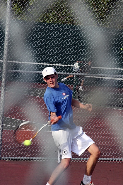 Mount Si player Leonard Gebhardt volleys back against Eastlake’s Vicente Varas during play Thursday