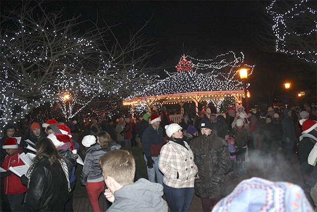 A crowd gathers in Railroad Park to await the arrival of Santa by fire truck