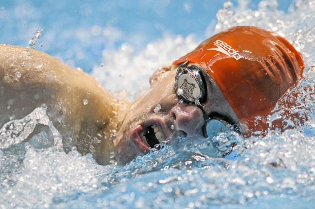 Mount Si High School senior swimmer Chase Goulart competes last winter in the finals of the 500-yard freestyle event during the WIAA 3A boys state swim and dive championships at the King County Aquatic Center in Federal Way. Goulart will swim and study systems engineering this summer at the U.S. Merchant Marine Academy.