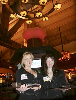 Servers Tanya Kosen and Corrine Dounouk huddle at the Mist lounge