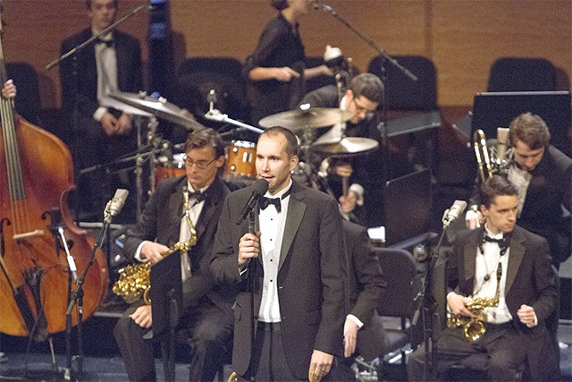 Railroad Days Grand Marshal Matt Wenman is pictured introducing Mount Si High School's Jazz Band 1 at the Essentially Ellington Festival.