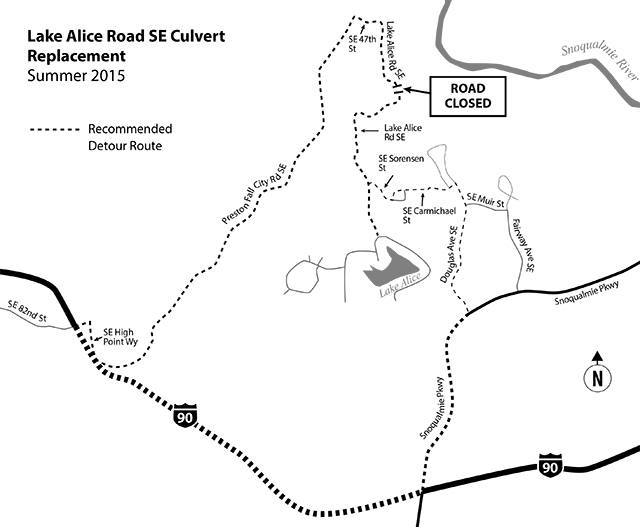 Map of the Lake Alice Road closure and Sorensen Street detour planned to make road repairs this summer.