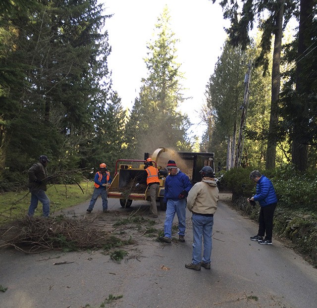 Volunteers load a chipper truck with underbrush and other debris at a cleanup event in 2014 at Lake Alice.