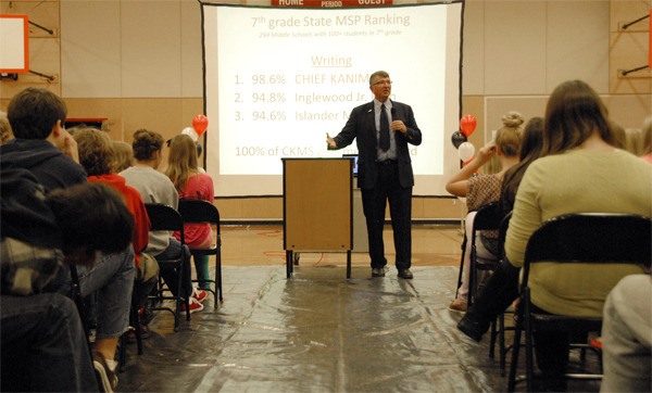 Superintendent of Public Instruction Randy Dorn spoke enthusiastically about the importance of education and congratulating Chief Kanim Middle School students