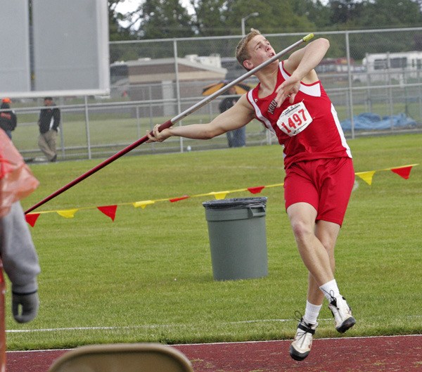 Mount Si’s Zach Storm competes in the javelin Friday