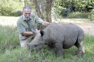 North Bend resident and retired dentist Raymond Damazo stands next to a baby rhino at the Lewa Wildlife Reserve in Laikipia. Damazo spends several months each year in Kenya