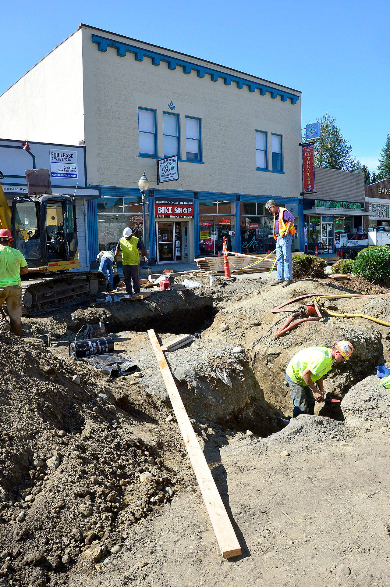 Workers concentrate on the underground infrastructure component of the North Bend Way downtown plaza project. (Photo courtesy of Mary Miller)