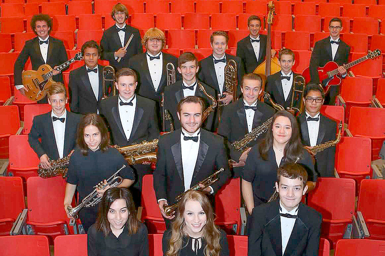 Members of the 2017-18 Mount Si High School Jazz Band I, pictured from left are: front - Sarah Spencer, Sage Eisenhour, Jason Bergquist; second row - Paula Bachtal, Sean Hakala, Analise Chiu; third row - Paul Talens, Elijah Wray, Daniel Henriksen, Jackson Beymer, Christian Palomo; fourth row - Andy Pantoja Valerio, Erik Thurston, Charles Carman, James Kolke; and back row - Ryan Horn, Parker Grady, Sebastian Rowland and Nathen Byford. (Courtesy Photo)