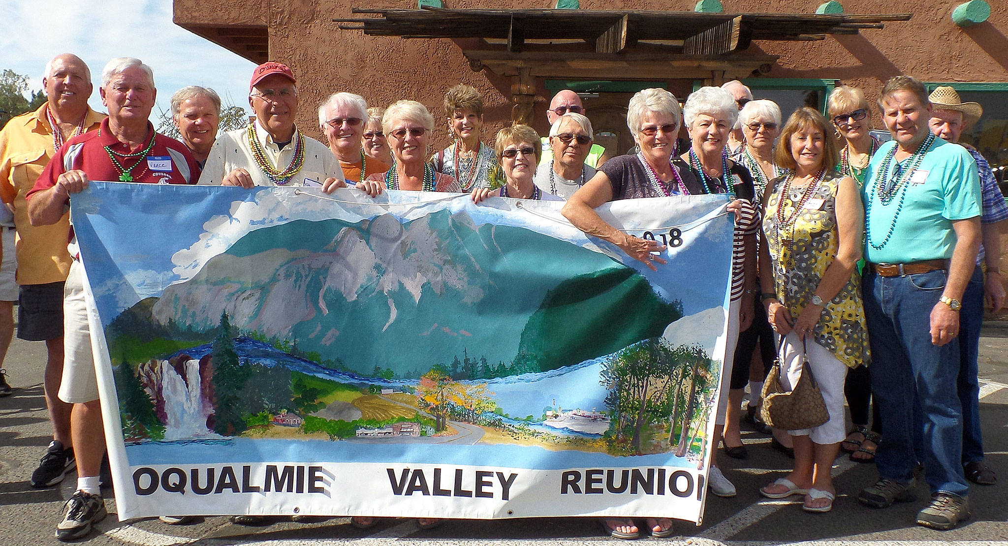 Half of the group of 44 current and former Snoqualmie Valley residents attending the annual snowbird reunion in Yuma, Ariz., pose for a photo. (Courtesy Photo)