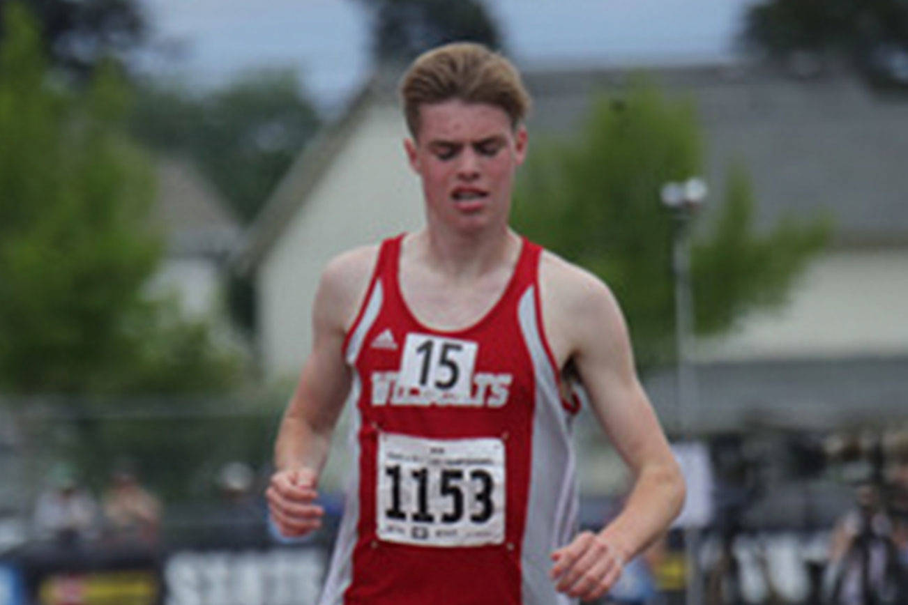 Photo courtesy of Don Borin/Stop Action Photography                                Mount Si Wildcats junior Joe Waskom earned first place in the 3200 with a formidable time of 8:57.66 at the Class 4A state track meet on May 26 at Mount Tahoma High School in Tacoma. Central Valley runner Ryan Kline finished in a distant second place with a time of 9:12.86.