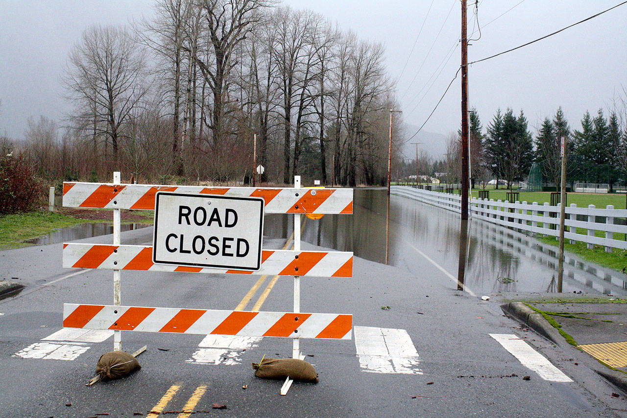 A road closure due to flooding on SE Park St, Snoqualmie, during the 2016 flood. Evan Pappas/Staff Photo