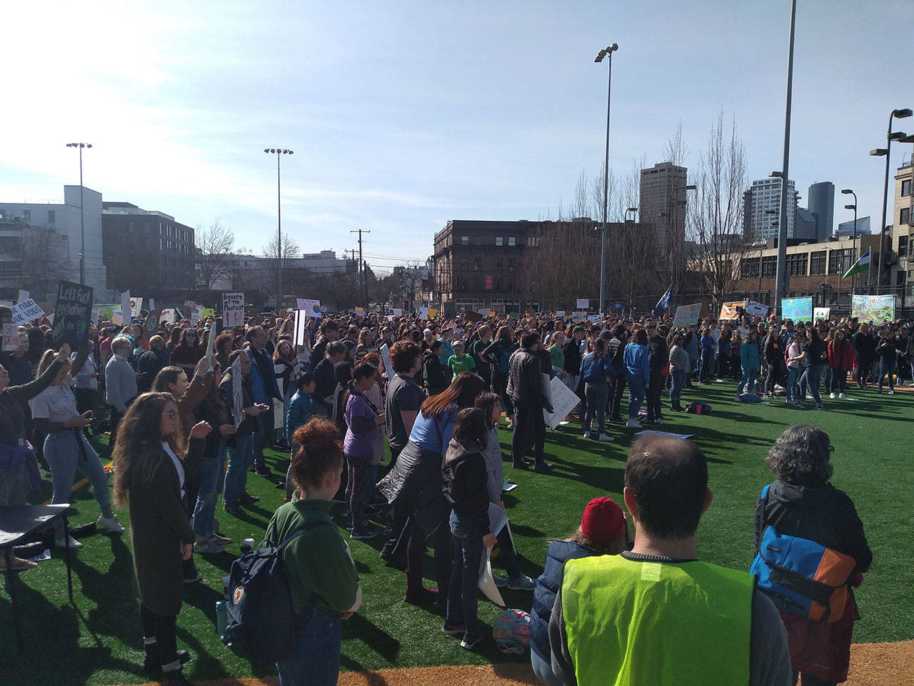 Students gathered at Seattle’s Cal Anderson park on March 15 as part of a national climate walkout. Aaron Kunkler/Staff photo