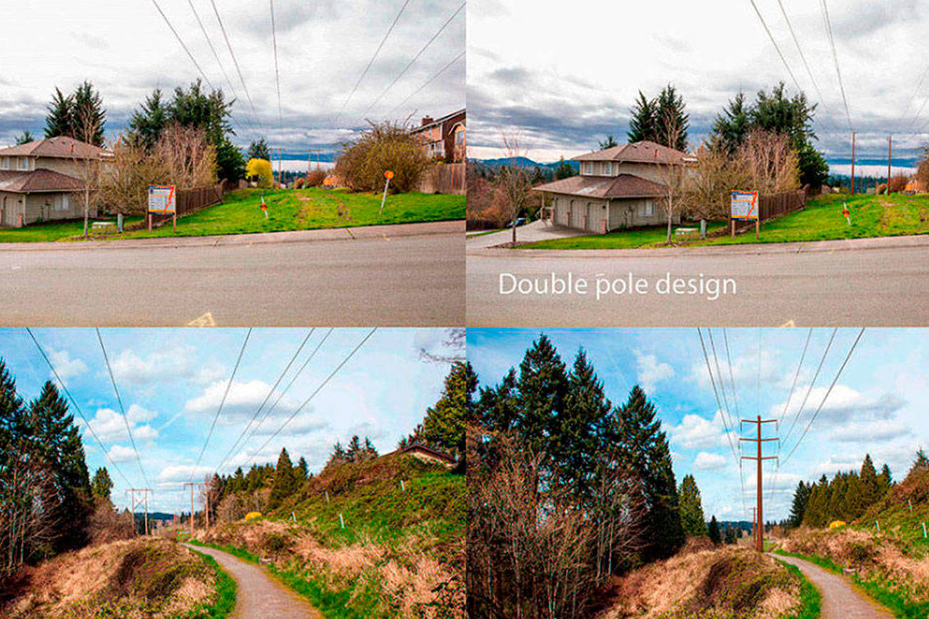 Puget Sound Energy’s Energize Eastside project will replace two-pole towers with taller, single poles and four-pole towers with two poles. Photos courtesy of Puget Sound Energy