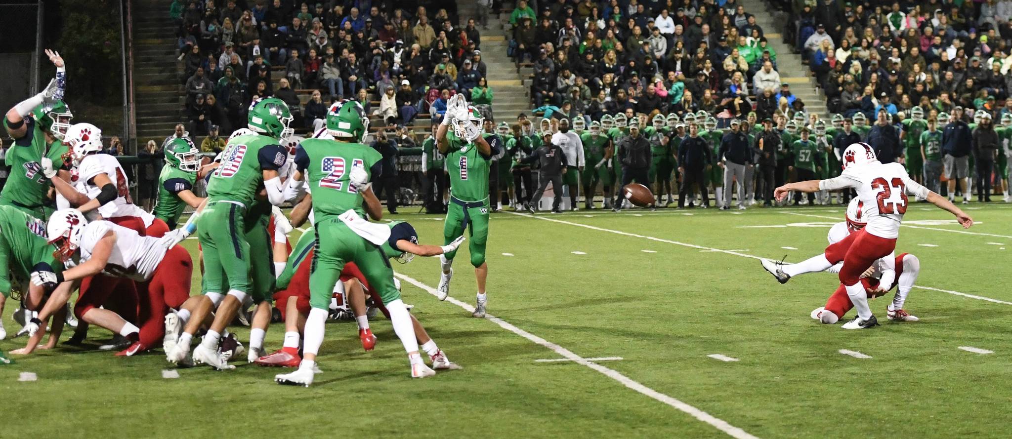 Mount Si’s Colby Ramsey connects on a 33-yard field goal to give the Wildcats a 3-0 lead over Woodinville in the third-quarter on Sept. 28 at Pop Keeney Stadium in Bothell. Woodinville scored with less than 30 seconds remaining in the game to win, 7-3. Photo courtesy of Calder Productions