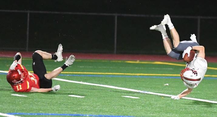 Mount Si’s Andrew Mostofi finishes off one of his three touchdown catches during the Wildcats’ 29-14 victory over Newport on Oct. 25. The game was called at halftime due to multiple first-half lightning strikes. Mount Si (3-1, 6-2) will play Inglemoor in the 4A KingCo playoffs at 7:30 p.m. Saturday at Pop Keeney Stadium. Photo courtesy of Calder Productions