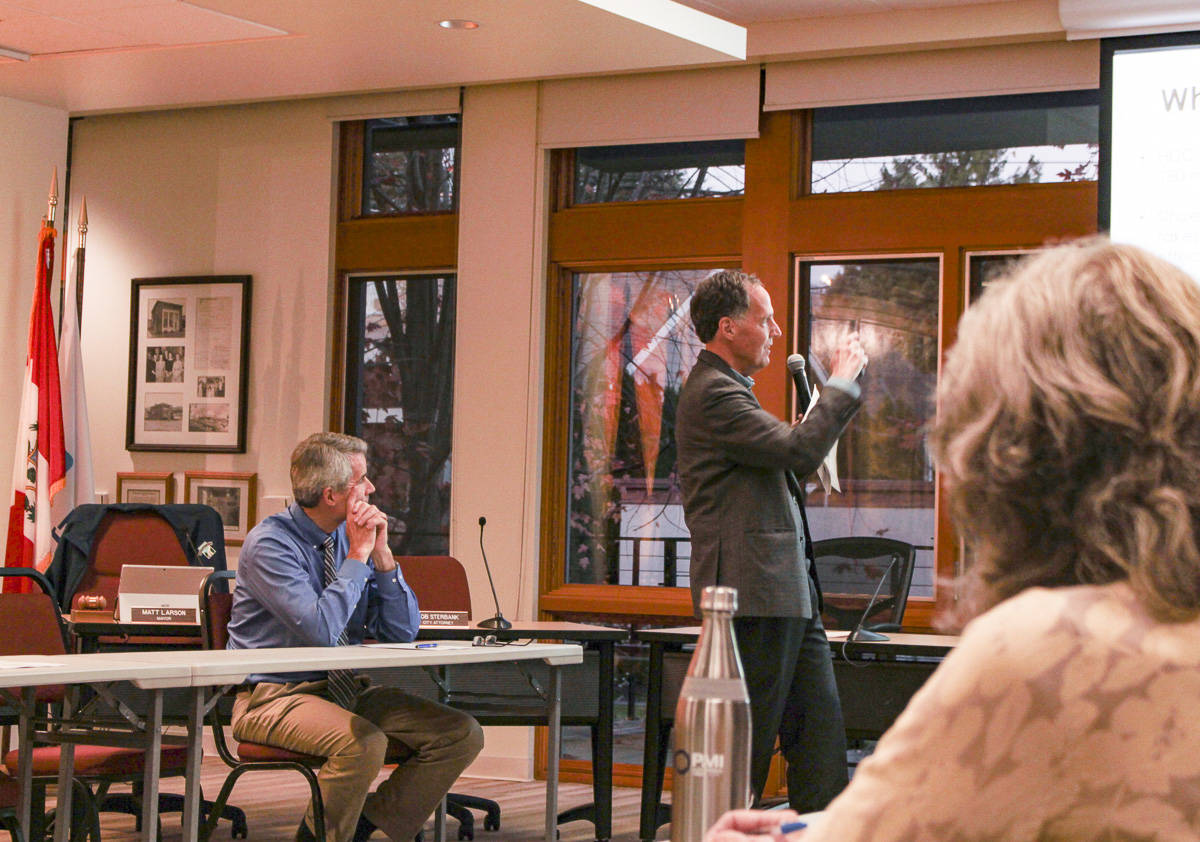 Natalie DeFord/staff photo                                John Howell, founding partner of Cedar River Group, speaks during an Oct. 28 special Snoqualmie City Council meeting on affordable housing policy.