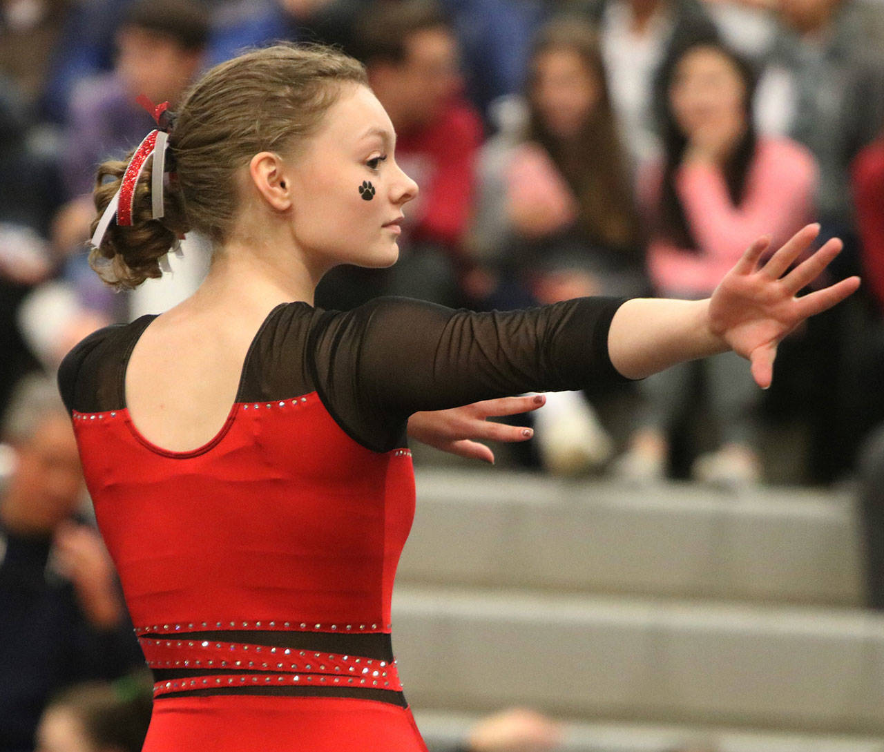 Mount Si’s Tylor Zwiefelhofer competes on the floor exercise on Jan. 23 at Skyline High. The Wildcats beat the Spartans, 163-146. Andy Nystrom/ staff photo