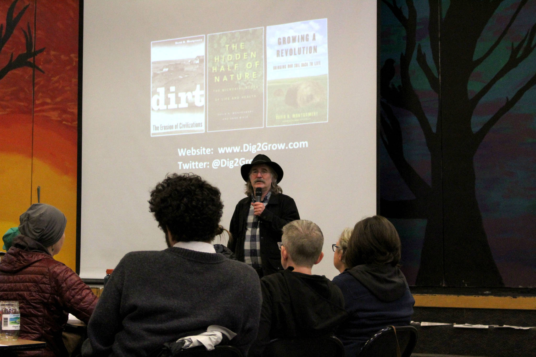 Staff Photo / Mitchell Atencio                                David Montgomery takes questions from the audience after his presentation at the Fall City Climate Change event at Chief Kanim Middle School in Fall City, on Feb. 15, 2020.