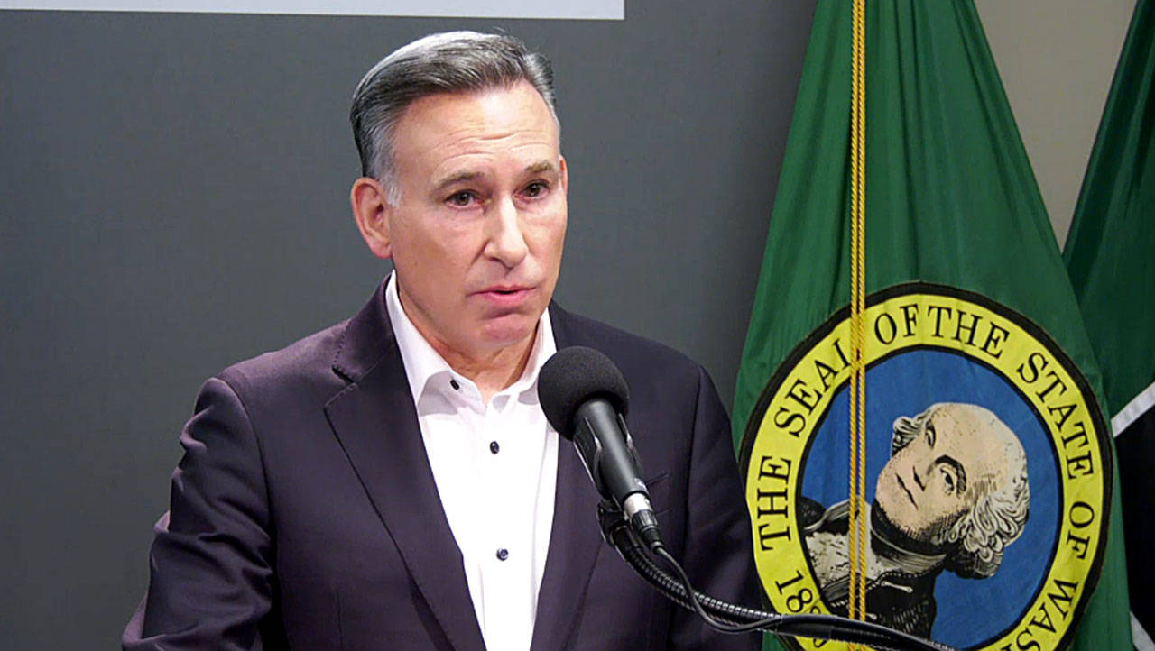 King County Executive Dow Constantine at a Seattle press conference Wednesday, March 4. Screenshot from livestream