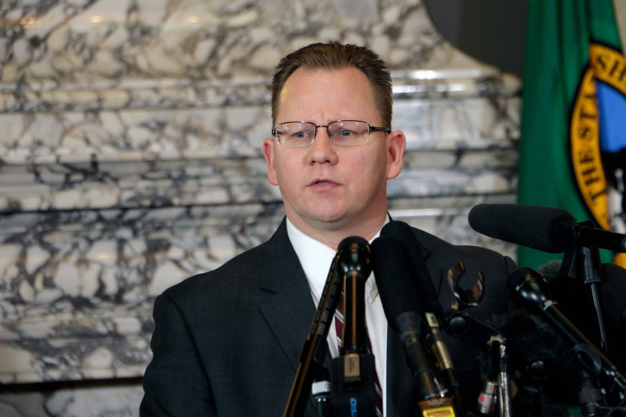 State Superintendent of Public Instruction Chris Reykdal talks to the media on March 12 in Olympia. (AP Photo/Rachel La Corte, file)