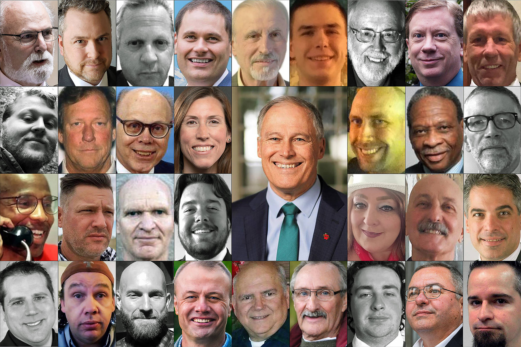 Gov. Jay Inslee (center) is being challenged by 35 people, 32 of whom are pictured here, for his job. Row 1 (L-R): Phil Fortunato, Nate Herzog, William Miller, Anton Sakharov, Alex Tsimerman, Winston Wilkes, Bill Hirt, Cregan Newhouse, Richard Carpenter. Row 2 (L-R): Joshua Wolf, Thor Amundson, Goodspaceguy, Liz Hallock, Jay Inslee, Leon Lawson, Don Rivers, Henry Dennison. Row 3 (L-R): Omari Tahir Garrett, Joshua Free, David Blomstrom, Dylan Nails, Elaina Gonzalez, Cairo D’Almeida, Raul Garcia. Row 4 (L-R): Brian Weed, Cameron Vessey, Matthew Murray, Tim Eyman, Gene Hart, Martin Iceman Wheeler, Ian Gonzalez, Loren Culp. Not pictured: Tylor Grow, Craig Campbell, David Voltz.