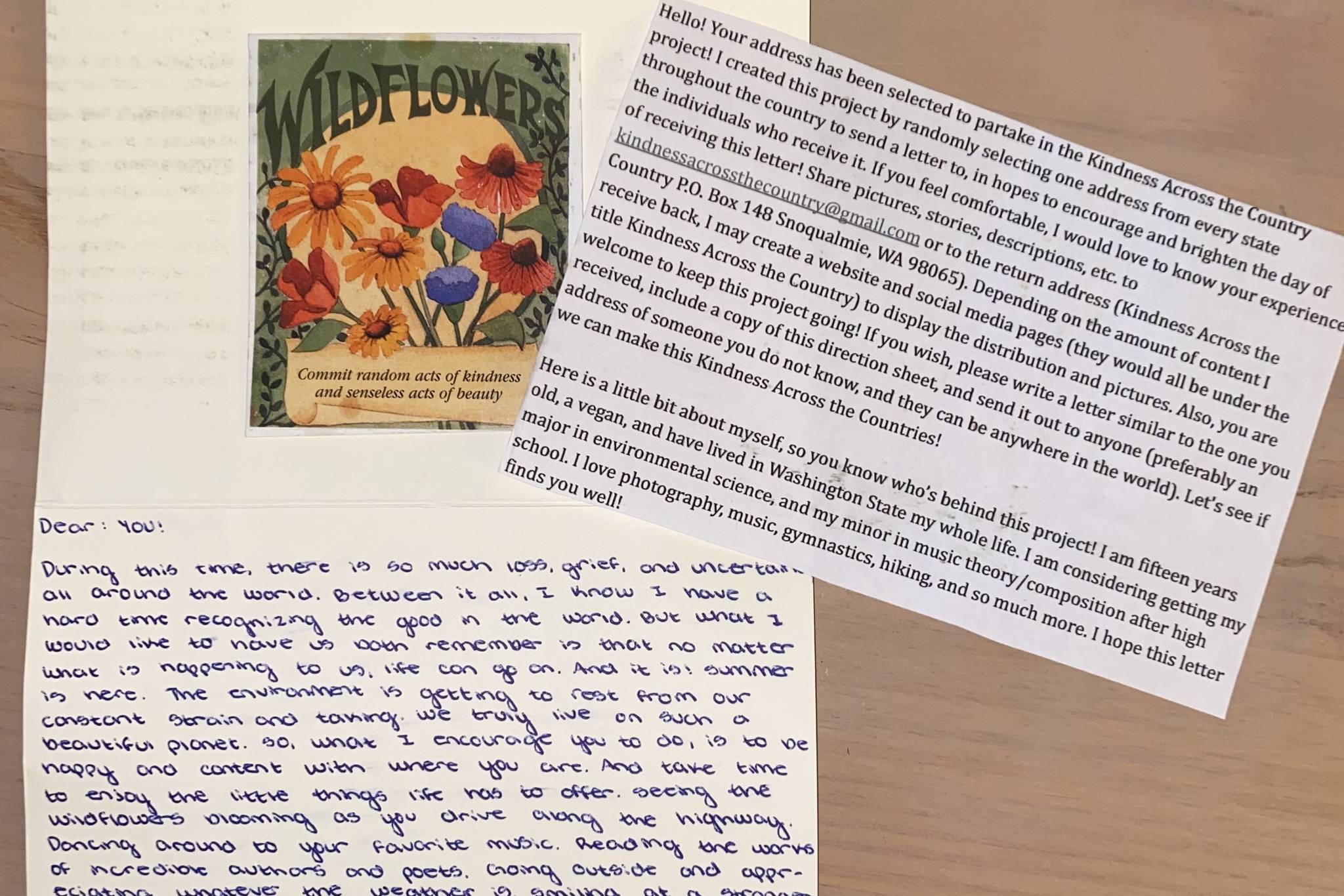 One of the letters Snoqualmie teen Savonnah Mitchell sent out to across the U.S. Mitchell sent a letter to one random house in each state in July. Contributed by Savonnah Mitchell