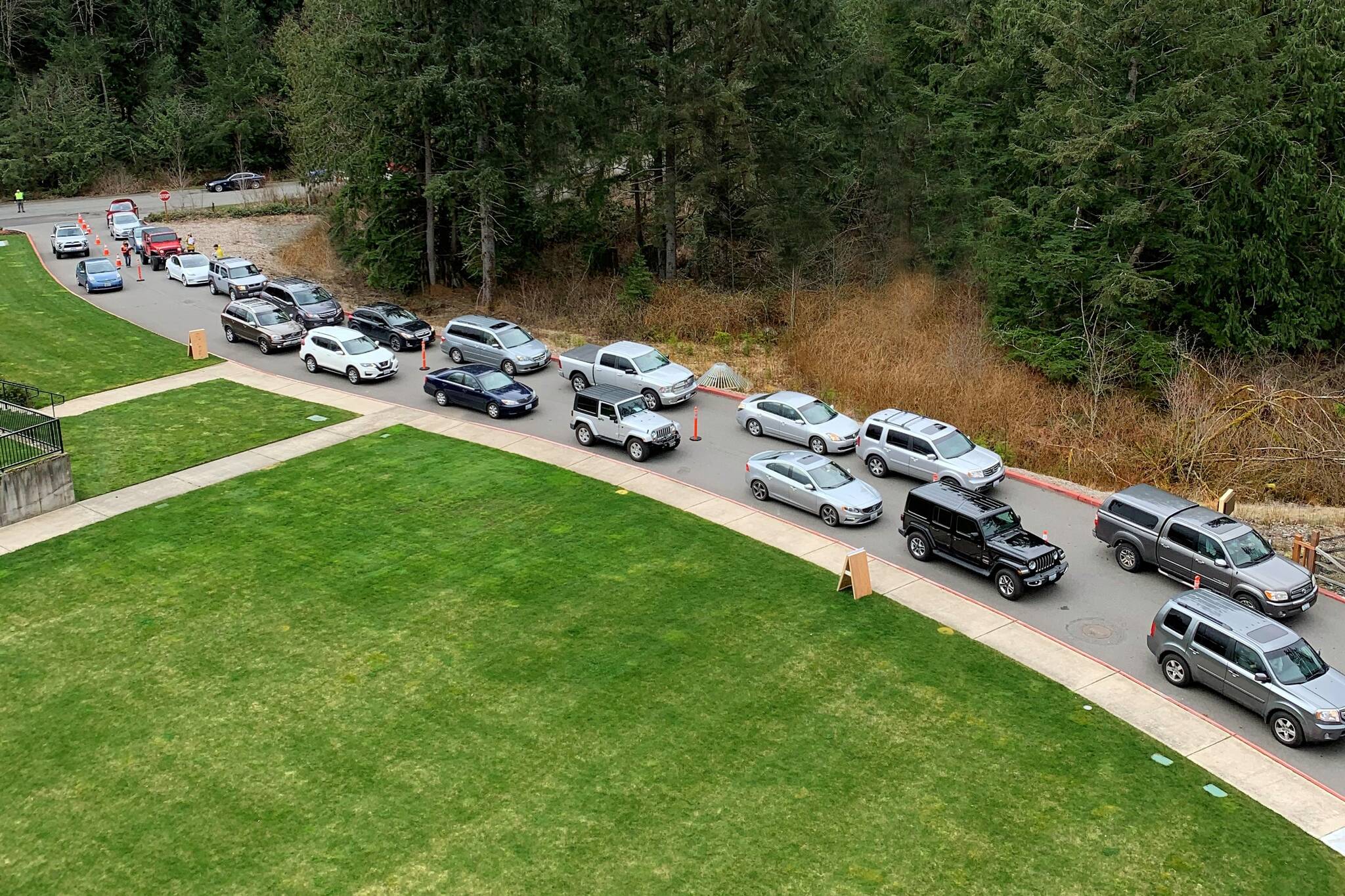 Cars lined up at Snoqualmie Valley Hospital on March 26, 2021, as people awaited their first dose of the Moderna COVID-19 vaccine as part of the hospital’s first mass vaccination event. File Photo contributed by Snoqualmie Valley Hospital.