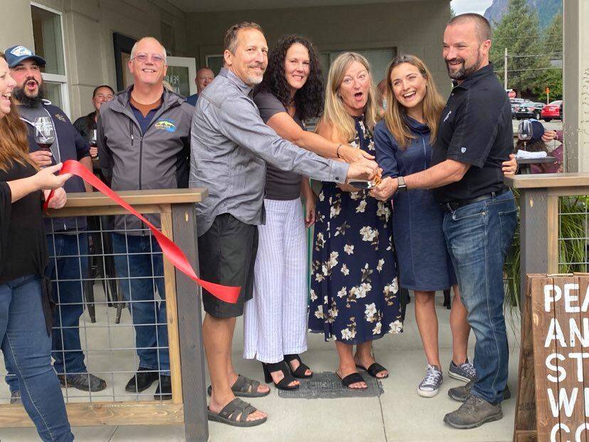 Sno-Valley Chamber CEO Kelly Coughlin; Lucas Haines, Volition Brewing owner and current President of the North Bend Downtown Foundation; North Bend Mayor Rob McFarland; Rob and Laurie Wesorick; Celeste Coxen; Wendy and Chris Stone. For information on this new venue, contact Chris Stone at chris@pearlandstonewine.com. Photo by William Shaw/Valley Record