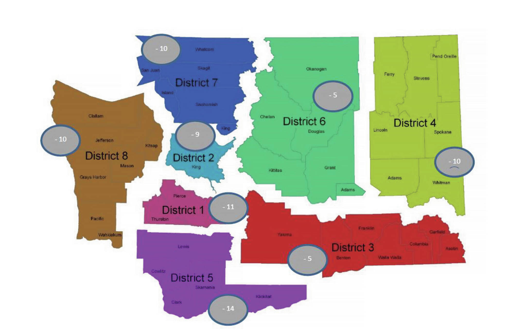 Geographic dispersion of Washington State Patrol commissioned personnel who lost their jobs Oct. 18. (Washington State Patrol)