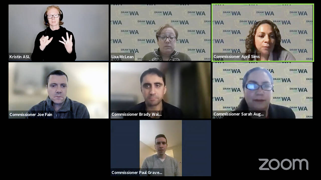 The Washington State Redistricting Commission held a public meeting over Zoom on Monday night to draw the final legislative and congressional district boundaries. Most of the five-hour session was spent in “caucus meetings,” which were unavailable to the viewing public. (Washington State Redistricting Commission)