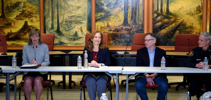 Federal, state and local leaders talk about State Route 18 at a roundtable discussion March 23 at Snoqualmie City Hall. From left: Snoqualmie Mayor Katherine Ross, U.S. Rep. Kim Schrier, State Rep. Bill Ramos, Eastside Fire Rescue Assistant Chief Ben Lane. Photo by Conor Wilson/Valley Record