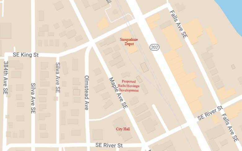 Map of proposed Rail development in Snoqualmie in relation to City Hall and Snoqualmie Depot. Graphic by Conor Wilson/Valley Record