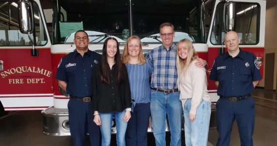 Courtesy photo. From left: VEMS Adrian Otterness, Miriam Ricks, Sarah Ricks, Nathan Ricks, Clarissa Ricks and VEMS Josh Demetrescu. Both VEMS Otterness and Demetrescu are members of the Snoqualmie Firefighters Association .