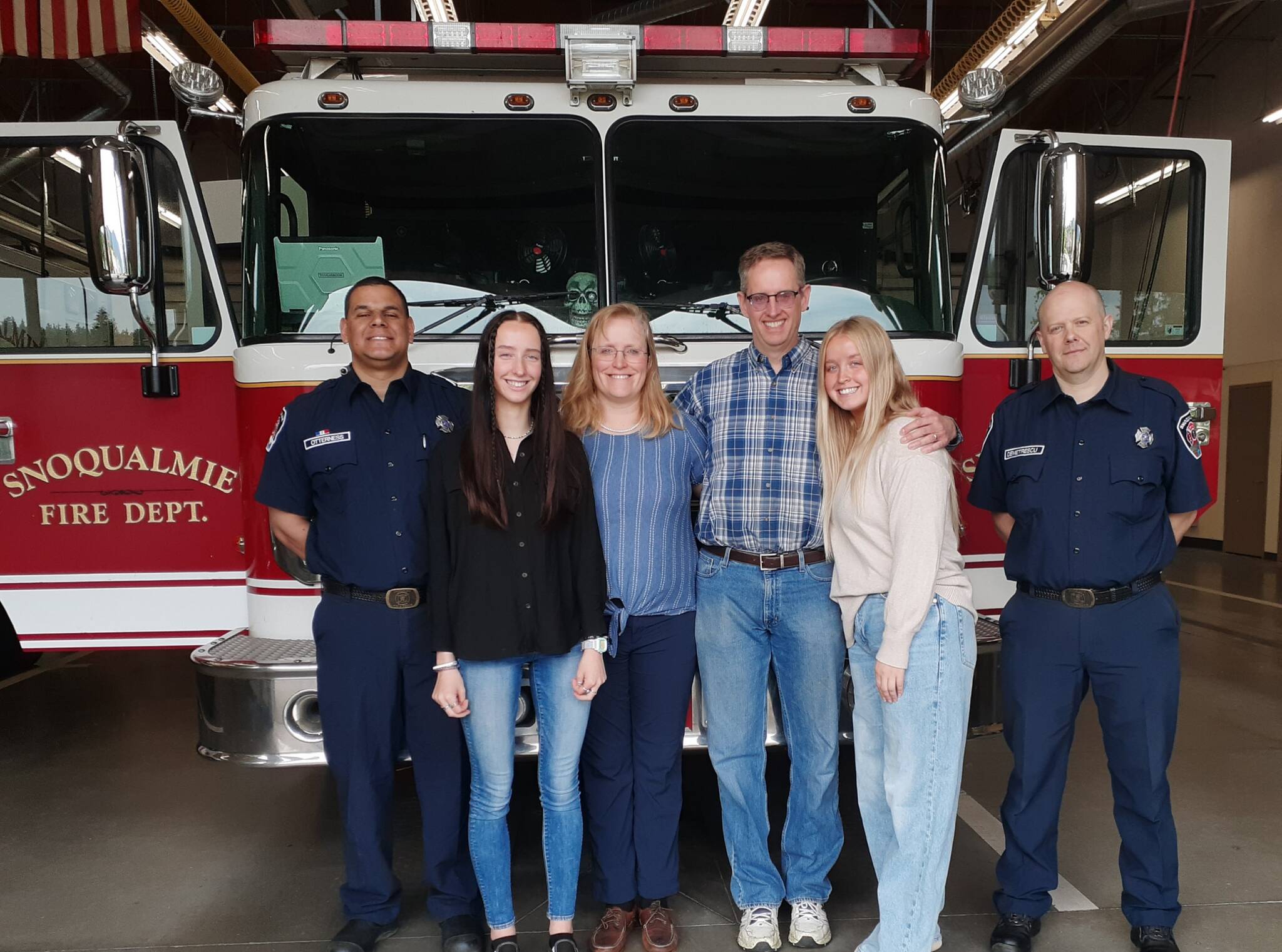 Courtesy photo. From left: VEMS Adrian Otterness, Miriam Ricks, Sarah Ricks, Nathan Ricks, Clarissa Ricks and VEMS Josh Demetrescu. Both VEMS Otterness and Demetrescu are members of the Snoqualmie Firefighters Association .