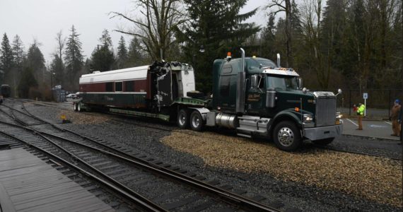 The only surviving Amtrak Cascades Talgo Series VI car, Bistro Car #7304, arrives in Snoqualmie. Photo Courtesy of the Northwest Railway Museum.