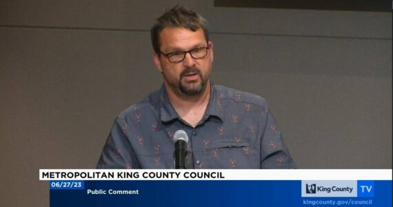 Screenshot of Dustin Posser, manager of the Fall City Water District, speaking at the King County Council meeting on June 27.