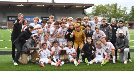 The Mount Si High School boys soccer team won its first state title with a 3-1 victory over Camas High School in the 2024 WIAA Class 4A state championship game May 25 at Sparks Stadium in Puyallup. Zach Ramsey, who will play at the University of Washington next year, scored three goals in the first half. The team finished the season with an overall record of 17-4. Photo courtesy of Calder Productions