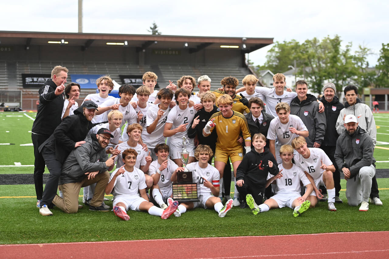 The Mount Si High School boys soccer team won its first state title with a 3-1 victory over Camas High School in the 2024 WIAA Class 4A state championship game May 25 at Sparks Stadium in Puyallup. Zach Ramsey, who will play at the University of Washington next year, scored three goals in the first half. The team finished the season with an overall record of 17-4. Photo courtesy of Calder Productions