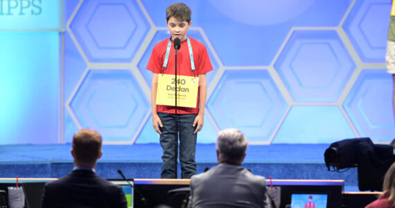 Declan Mallady competing in the preliminaries of the 2024 Scripps National Spelling Bee on May 28. Photo courtesy of the Scripps National Spelling Bee