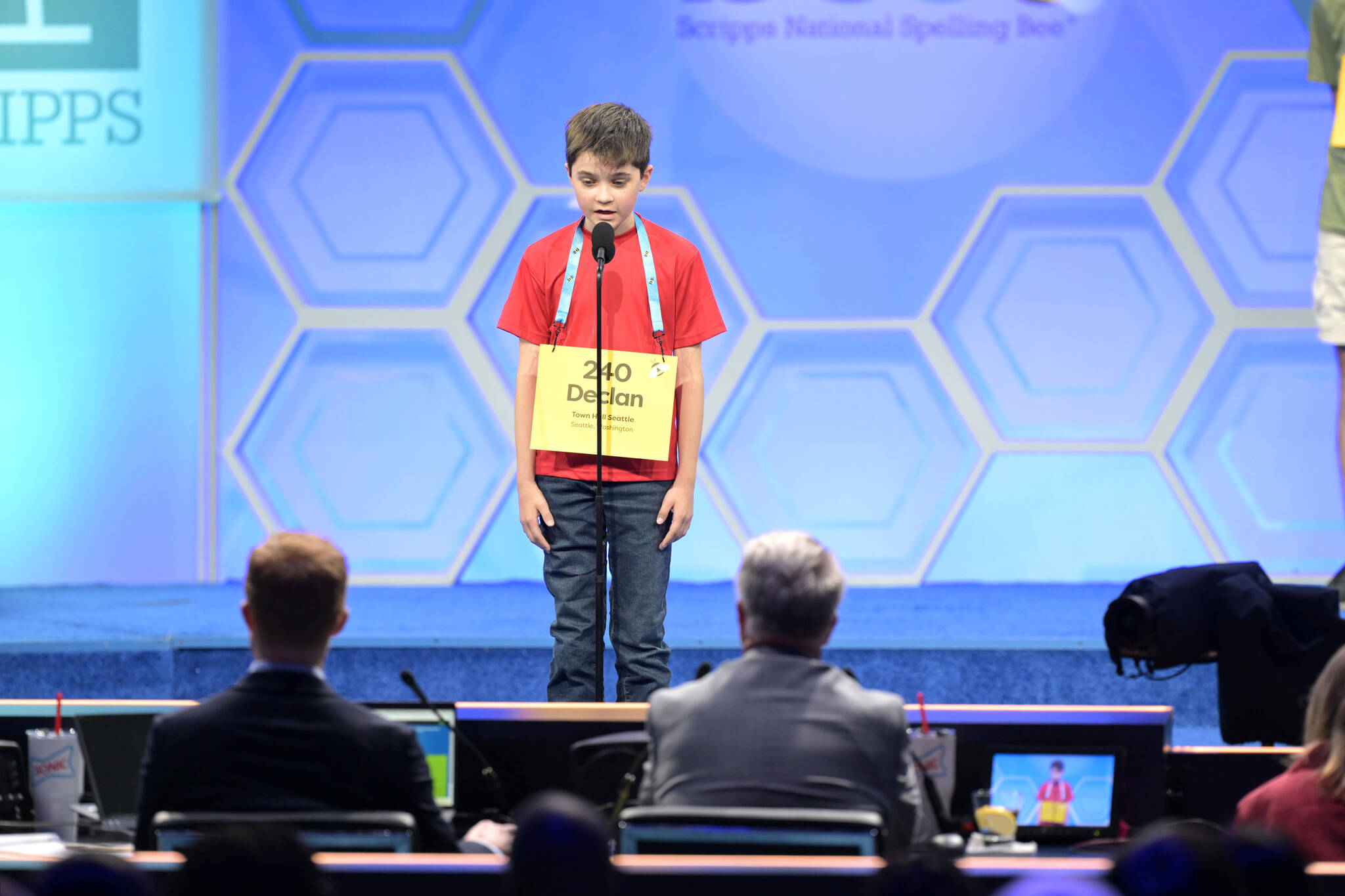 Declan Mallady competing in the preliminaries of the 2024 Scripps National Spelling Bee on May 28. Photo courtesy of the Scripps National Spelling Bee