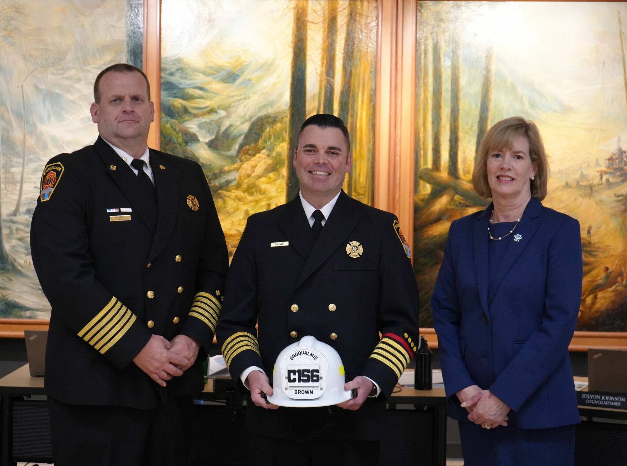 Fire Chief Mike Bailey (left), Dep. Chief Chris Brown (middle) and Snoqualmie Mayor Katherine Ross (right). (Photo courtesy of the city of Snoqualmie)