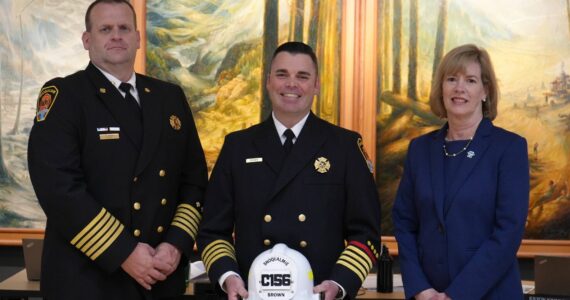 Fire Chief Mike Bailey (left), Dep. Chief Chris Brown (middle) and Snoqualmie Mayor Katherine Ross (right). (Photo courtesy of the city of Snoqualmie)