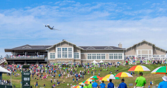 A Boeing plane flies over The Club at Snoqualmie Ridge course during the Boeing Classic. (Photo courtesy of Mike Centioli/Boeing Classic)