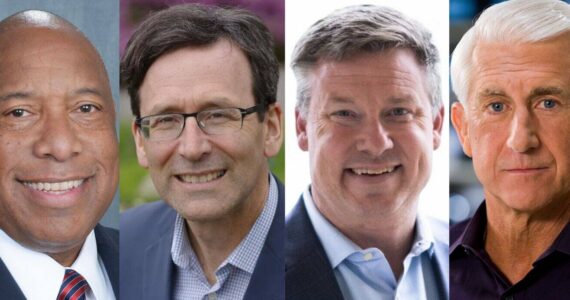 Primary candidates in the 2024 Washington state governor’s race. From left to right, Semi Bird (R), Bob Ferguson (D), Mark Mullet (D) and Dave Reichert (R). Photos courtesy of campaigns