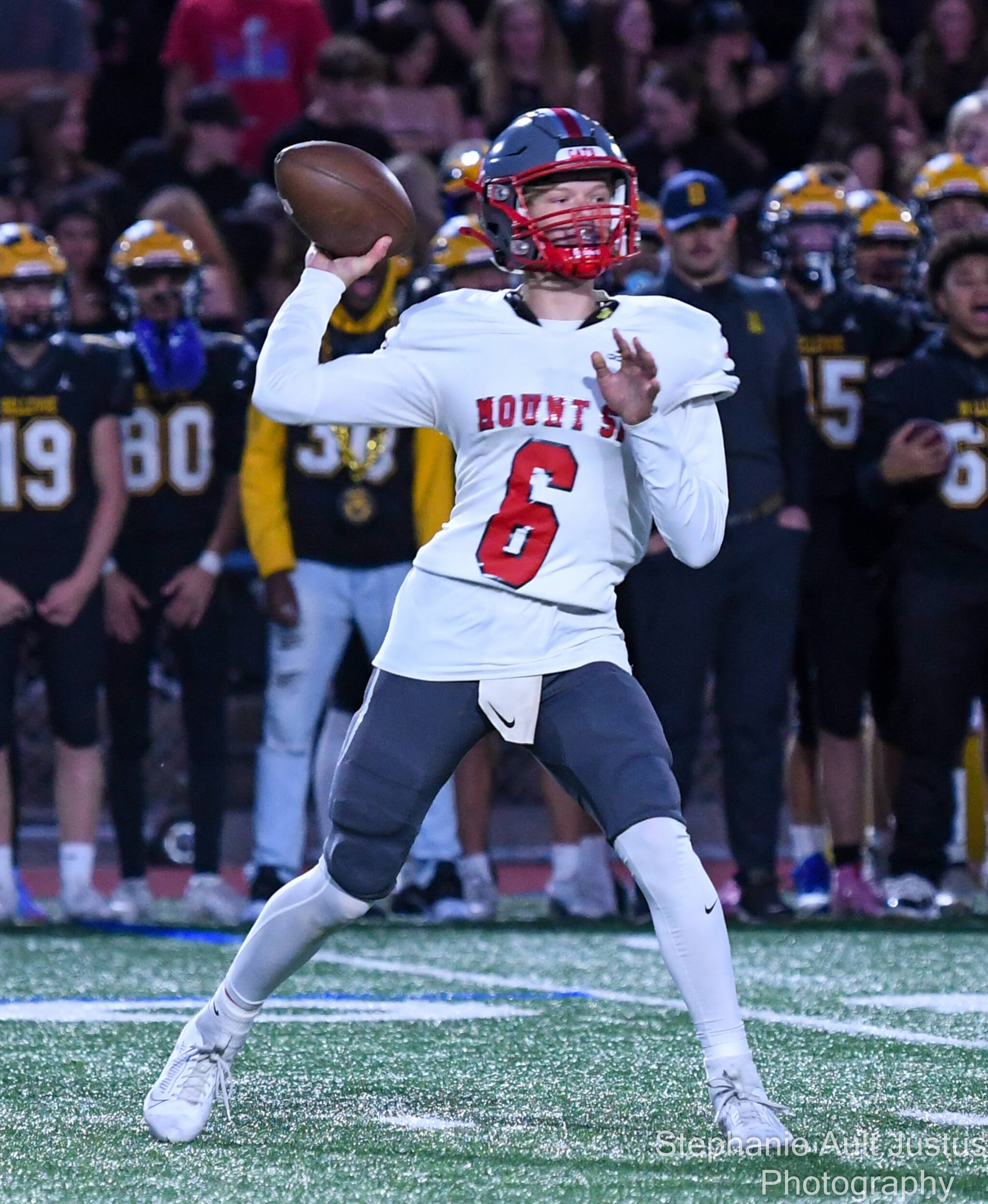 Mount Si High’s sophomore quarterback Jacob Flores throws the ball downfield in his team’s 34-0 loss to Bellevue High on Sept. 27. Photo courtesy of Stephanie Ault Justus