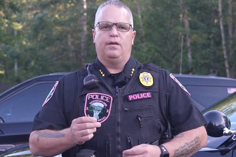 Snoqualmie Police Chief Brian Lynch with the breast cancer awareness patch. Courtesy image