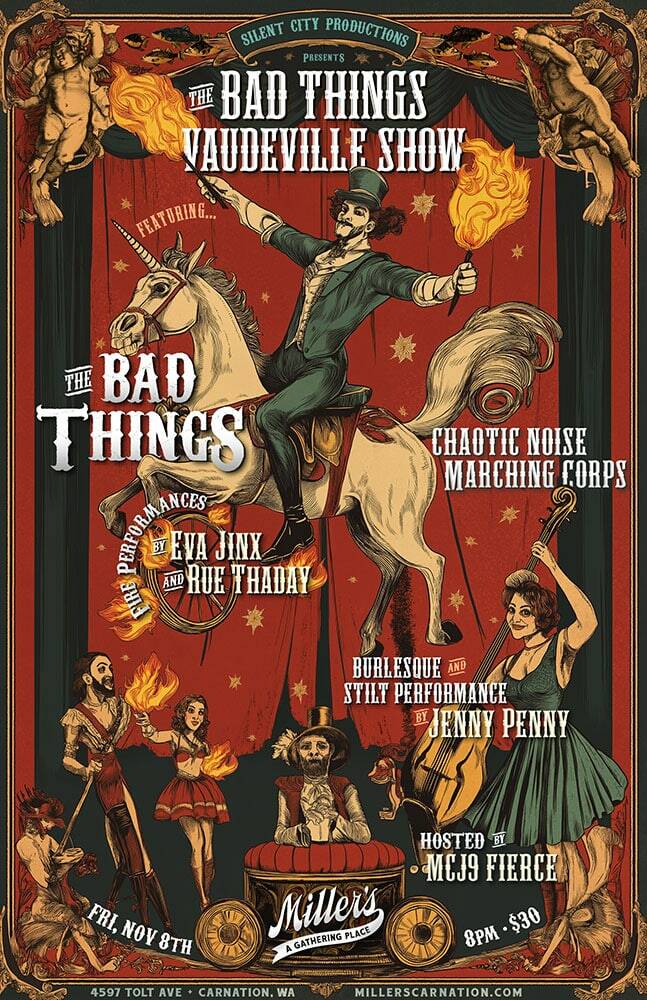 A poster for the Bad Things vaudeville show at Miller’s Carnation. Courtesy of Miller’s Carnation