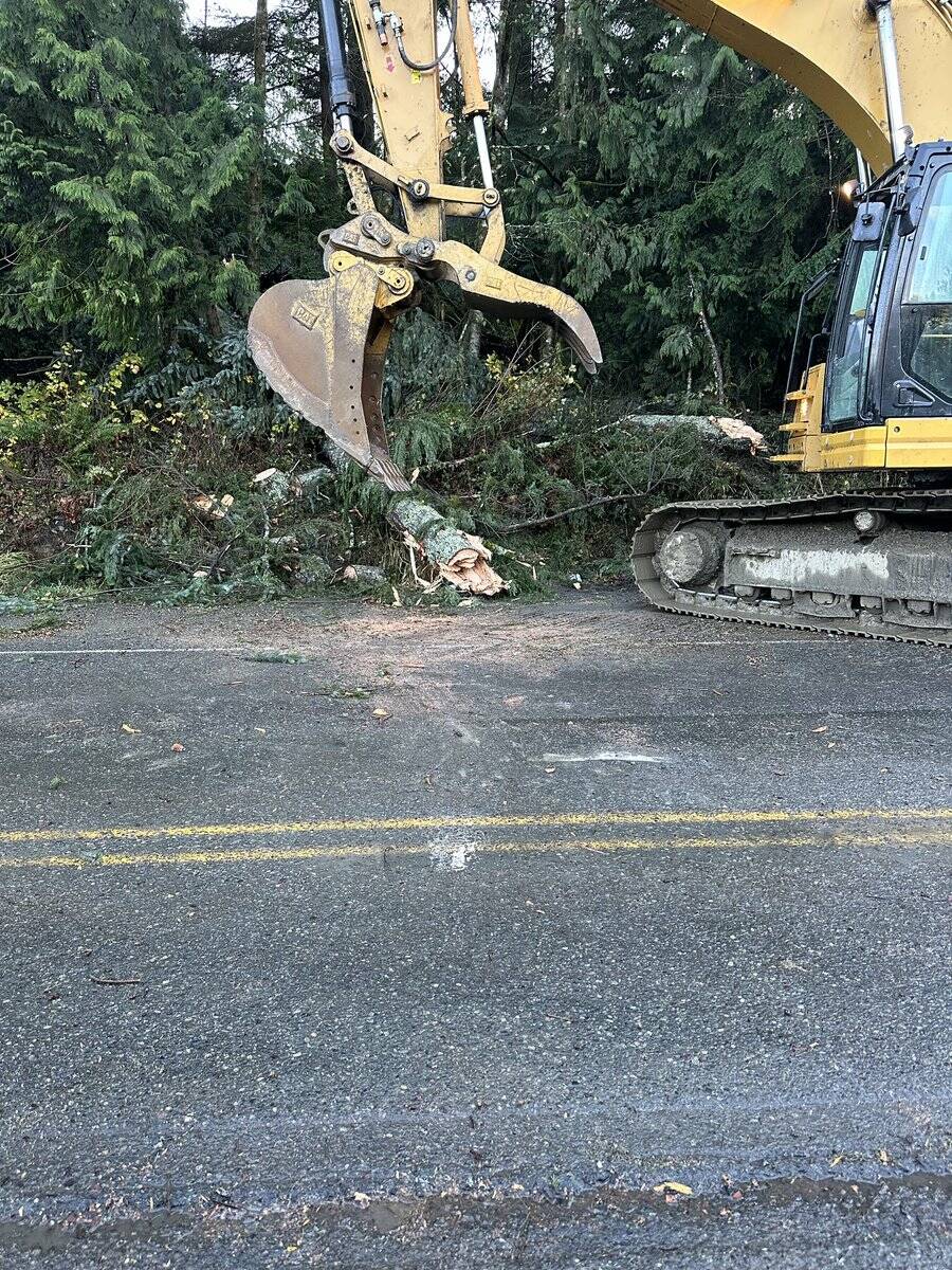 Crews work to cleanup trees on State Route 18 after the windstorm Nov. 19-20, 2024. (Courtesy of Washington State Patrol Trooper Rick Johnson)