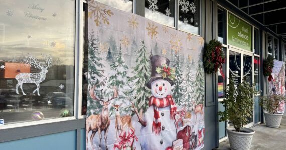 Duvall Advanced Family Eye Care’s windowscape includes Christmas-themed tapestries and other decor. (Grace Gorenflo/Valley Record)