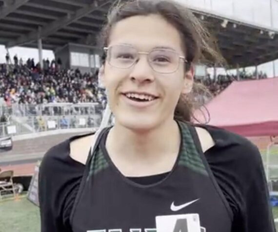 <p>Veronica Garcia gives an interview after winning the 2A girls 400-meter final at the 2024 Washington State Championships at Mt. Tahoma High School in Tacoma. (Screenshot from Runnerspace.com video)</p>